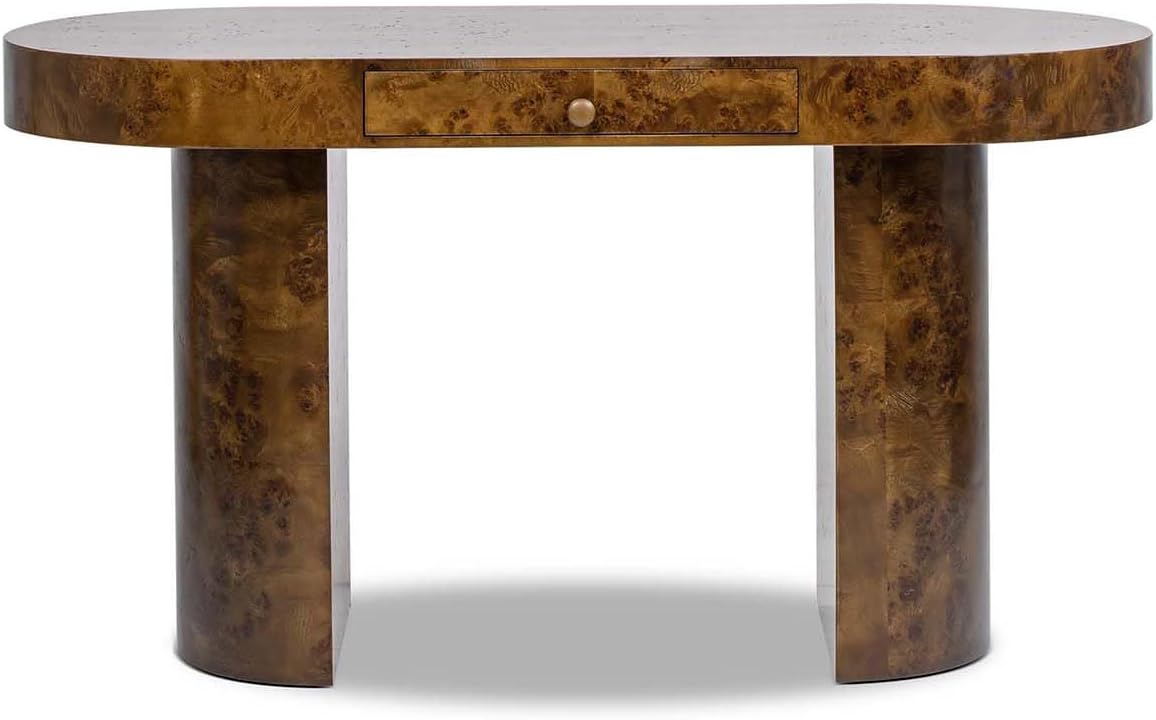Elegant 55.5" Single Drawer Oval Computer Desk – Dark Brown Burl Wood, Minimalist Home Office Desk 🖥️✨