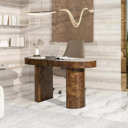 Elegant 55.5" Single Drawer Oval Computer Desk – Dark Brown Burl Wood, Minimalist Home Office Desk 🖥️✨